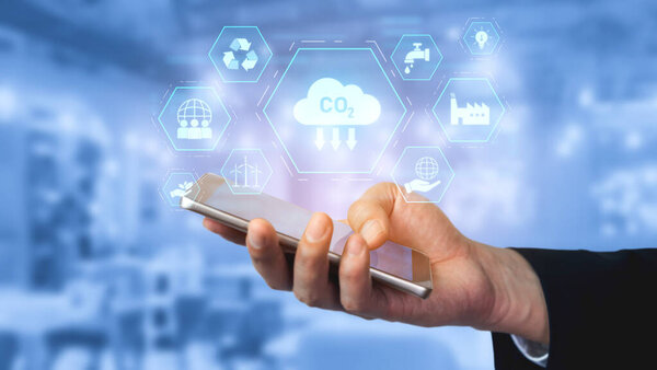 Carbon reduction at the center of sustainable strategies, including renewable energy, recycling, clean water, innovation, global responsibility, and eco-friendly industry Vouch