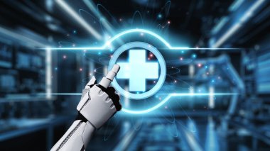 Tıbbi verilere ya da teşhis semptomlarına ulaşmak için robotik el işaretlerini kapatın ve tıbbi çapraz holograma tıklayın. Yapay zeka semptomları analiz ederken robot el çapraz kontrol yapıyor. Sağlıklı..