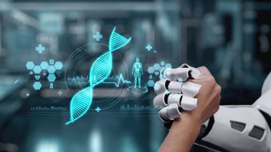 Robot eli kapat ve insan eli DNA hologramıyla tokalaş. Yapay zeka ve insan birlikte çalışıyor ya da DNA hologramıyla anlaşmalar yapıyor. Bulanık laboratuvarda yüzüyor. Takım çalışması. Sağlıklı..