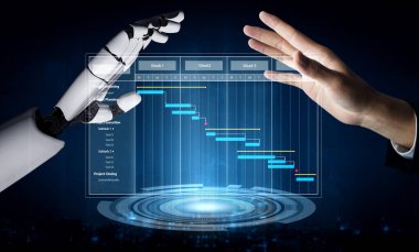 A conceptual image showcasing collaboration between human and robotic hands in project management, featuring a Gantt chart, symbolizing the future of teamwork in technology. Tessel