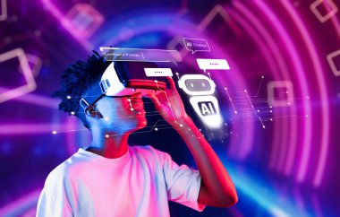 A young man immerses himself in a virtual reality experience, engaging with an AI chatbot, showcasing the fusion of technology and personal assistance in a colorful digital atmosphere. XDMCP