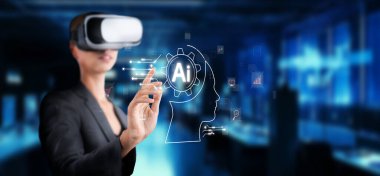 A businesswoman engages with virtual reality technology, exploring the concepts of AI and generative intelligence in a modern digital workspace. XDMCP