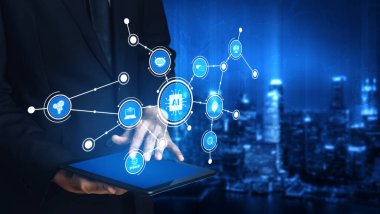 A business professional interacts with a tablet displaying artificial intelligence graphics, symbolizing technology and innovation in a modern urban setting. Tessel