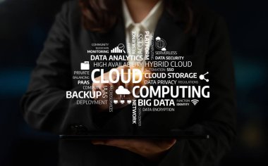 A business professional showcases cloud computing concepts and data services with graphics and keywords, emphasizing innovation in digital transformation strategies. Tessel