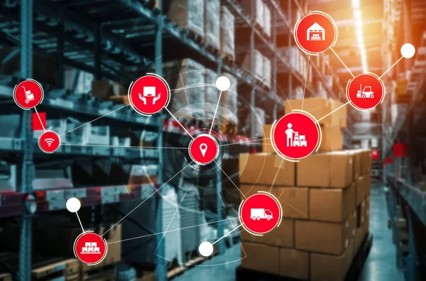 Paket toplama ve teslimatı tanımlamak için teknolojinin yenilikçi interneti olan akıllı depo yönetim sistemi. Gelecekteki tedarik zinciri ve lojistik ağ işi kavramı .