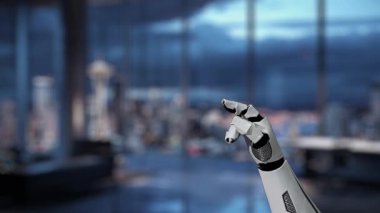 A robotic hand points towards a digital search bar, surrounded by interactive icons in a modern office setting, showcasing the blend of technology and communication. Auvana