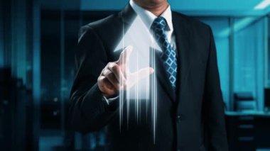 Businessman in Suit with Graphic Arrow Indicating Growth and Success in Investment Markets, Showing Financial Progress in Modern Office Environment. Qubit