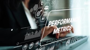 Modern Businesswoman Analyzing Data and Performance Metrics with Digital Interfaces in Office Environment. Asymptotic smart data analytic.