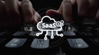 SaaS 'ın dijital ortamda altyapı, SaaS konuşlanma, SaaS platform özellikleri ve SaaS entegrasyon modelini gösteren görsel temsili. Muxer