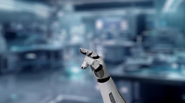 Robotik el işaretini kapat ve bulanık laboratuvar geçmişine sahip çapraz holograma dokun. Tıbbi verilere erişmek ve onları teşhis etmek için robot el tıklaması. Sağlıklı..