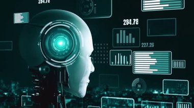 Future financial technology controll by AI robot huminoid uses machine learning and artificial intelligence to analyze business data and give advice on investment and trading decision . 3D rendering .