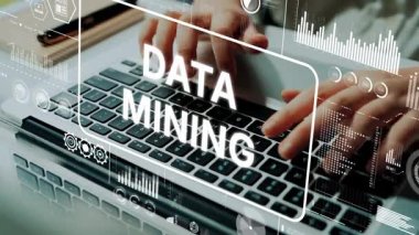 Hands Typing on Laptop Keyboard with Data Mining Concept and Digital Analytics Graphics Background. Asymptotic smart data analytic.