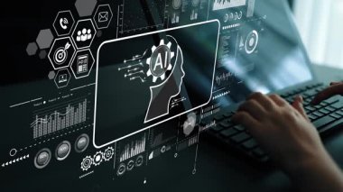 Artificial Intelligence Concept with Data Analysis and Digital Technology Overlay on Keyboard Background. Asymptotic smart data analytic.