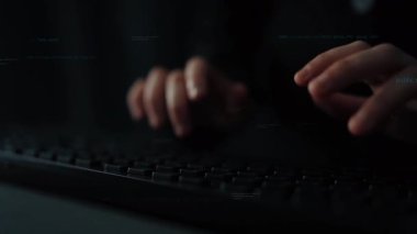 A moody and atmospheric image conveying a sense of cyber security with hands typing on a keyboard amidst floating codes and data streams, symbolizing digital innovation. Xenic