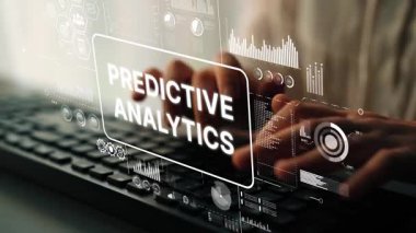 Futuristic Interface with Hands Typing on Keyboard, Displaying Predictive Analytics and Data Visualization Concepts. Asymptotic smart data analytic.