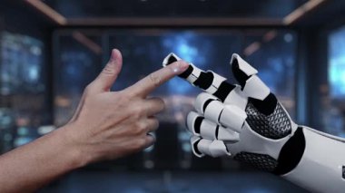 This video captures a unique interaction between a human hand and a robotic hand in a futuristic digital workspace, emphasizing the collaboration and innovation that AI brings to society. Auvana