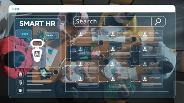A vibrant office scene depicting a diverse team collaborating while engaging with an advanced HR technology interface powered by artificial intelligence. Raster