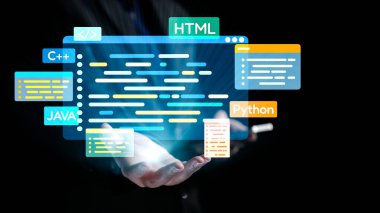 A hand presents a digital screen displaying various programming languages and code snippets. This image symbolizes the integration of technology and software development. Qubit