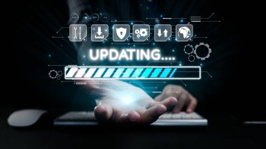 A visually striking representation of hands reaching toward a futuristic digital interface displaying an 