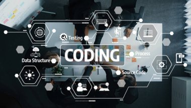 Yazılım geliştirme, teknoloji unsurları ve yenilikçi fikirler sunan bir grup profesyonelin yer aldığı, yukarıdan çekilmiş dinamik bir kodlama oturumu. Dostluk