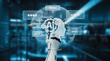 Gösterişli bir robot el, sanal bir ekranda suni zeka göstererek teknolojinin ve yeniliğin geleceğini sembolize ediyor. Auvana