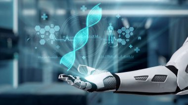 Robotik eli kapat, avuç içini aç ve DNA hologramı yüzsün. Tıbbi verilere erişip belirtilere bağlanırken DNA holografiğini gösteren bir el. Genetik konsept. Sağlıklı..