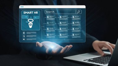 Çalışan veri işleme ve verimli arama yeteneklerine odaklanmış yenilikçi bir insan kaynakları yönetim sistemini gösteren gelecekçi bir dijital arayüz keşfedin. Dörtgen