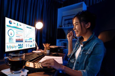 Gülümseyen genç, güzel Asyalı yaratıcı satış hedefi raporunun kar tablosuna bakıyor ve notlar üzerine notlar yazarak neon ışığı gecesinde yeni bir strateji pazarı projesine yatırım yapmayı planlıyor. Taktik.