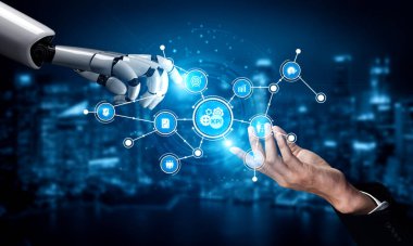 A human hand reaches out to a robotic hand in a digital space, symbolizing collaboration between technology and human intelligence for data analysis and business growth. Tessel