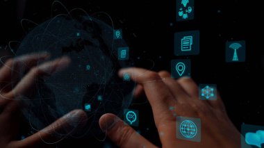 A captivating visual of hands interacting with an advanced digital interface, showcasing global connections and various technology icons, symbolizing modern innovation. Xenic
