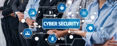 Cyber Security Concept with Professionals Shaking Hands, Icons of Protection and Identity on Digital Background, Emphasizing Collaboration in Security Measures. Amity