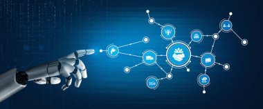 A futuristic robotic hand reaching out to interactive digital icons representing various aspects of technology and business connections in a modern environment. Tessel