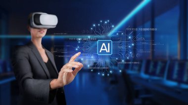 A professional exploring the potentials of generative AI technology in a modern workspace, using a virtual reality headset to visualize data and digital interactions. XDMCP