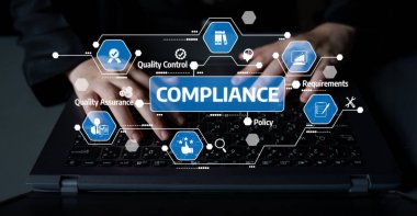 A close-up view of hands typing on a laptop, surrounded by icons representing compliance, quality control, and quality assurance, showcasing business processes and technology. Tessel