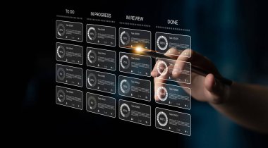 Görev yönetim aracı gösterge paneli, görev kartları, ilerleme ve takım simgeleri Latch de dahil olmak üzere, devam eden, gözden geçirilen sütunlar ile kanban tarzı iş akışını gösterir