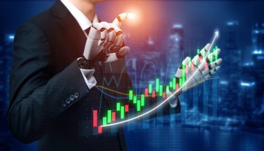 A businessman with a robotic hand interacts with digital financial graphs, showcasing modern technology in market analysis and investment strategies. Impute