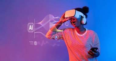 A young woman wearing a VR headset interacts with AI concepts and big data visuals, reflecting a vibrant and modern technological experience in a colorful setting. XDMCP