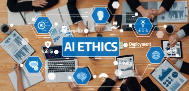 A dynamic team engages in a thoughtful discussion about AI ethics, highlighting vital aspects such as privacy, safety, and legality within a modern business context. Amity