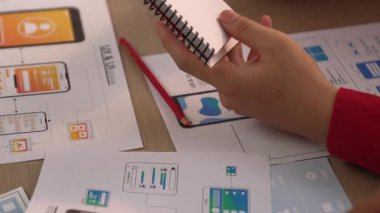 Mobil uygulama ya da web sitesi için kullanıcı arayüzü prototipi planlayan şirket çalışanlarının panorama videosu. UX UI tasarım beyin fırtınası kullanıcı dostu arayüz planı tasarlıyor. Sinerjik