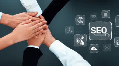 A group of hands coming together symbolizes teamwork and collaboration in the context of SEO, highlighted by various digital marketing icons for online growth. Raster