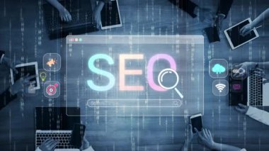 SEO görünürlüğünü geliştirmek için SEO konsepti, SEO ile ilgili dijital araçlar ve SEO performans simgeleri stratejik pazarlama için odaklanmış bir planda gösteriliyor. Muxer