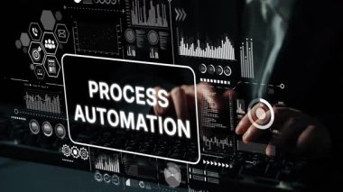 Hands typing on keyboard with digital interface showcasing automation, graphs, and data analysis in modern workspace. Asymptotic smart data analytic.