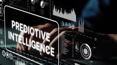 Hands Typing on Keyboard with Digital Screen Featuring Predictive Intelligence Concepts and Data Analytics Visuals. Asymptotic smart data analytic.