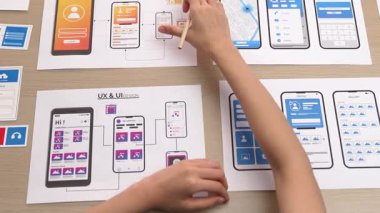 Mobil uygulama için kullanıcı arayüzü prototipi ya da masadaki program modeliyle birlikte web sitesi planlaması yapan bir şirket çalışanı. UX UI tasarımcısı kullanıcı dostu arayüz planını dikkate alır. Sinerjik