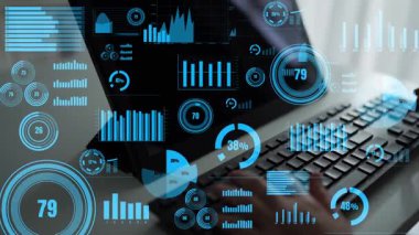 A dynamic data analysis scene showcasing graphs, statistics, and performance metrics on a laptop screen, ideal for business and technology settings. Xenic