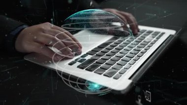 A close-up image of hands typing on a laptop keyboard overlaid with a digital globe and connection icons, symbolizing the essence of modern technology and communication. Xenic