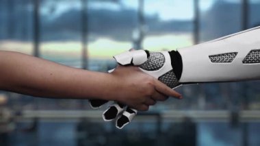 A human hand reaches out to a robotic hand amidst digital symbols representing collaboration and technology. This video highlights innovation and connectivity in modern workplaces. Auvana