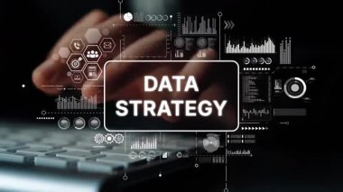 Conceptual Image of Data Strategy with High-Tech Graphics and Keyboard Interaction in a Modern Workspace. Asymptotic smart data analytic.