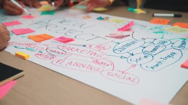 A vibrant brainstorming session featuring diverse individuals engaged in collaborative project planning and strategy development on a large sheet filled with colorful notes and ideas. SACTR