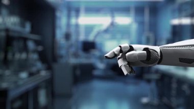 Bulanık laboratuvar geçmişi olan kalp hologramını gösteren robot eli kapat ve tıkırdat. Robot el kalp ikonuna tıklayarak semptomları analiz ediyor. Tıbbi teknoloji. Sağlıklı..